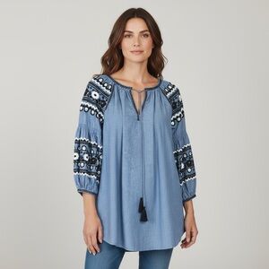 Ivy Jane Long Sleeve Tassel Embroidered Bohemian Cotton Tunic Top XS